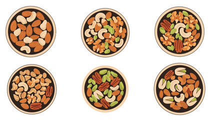 Collection of six individual bowls showcasing various assortments of healthy raw and shelled nuts perfect for snacking or culinary ingredient preparation