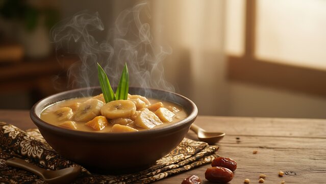 Warm Bowl of Indonesian Kolak Pisang Banana Compote in Coconut Milk for Iftar