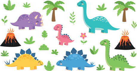 Cute cartoon dinosaur vector set with colorful triceratops brachiosaurus stegosaurus volcanoes and tropical palm trees for kids design projects © Minara