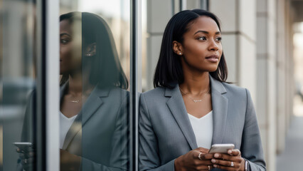 African american beautiful female businesswoman CEO woman with confident arm folded portrait at work with smartphone near office window wall black suit