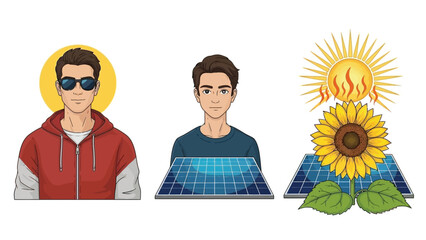Solar energy illustration set with young men portraits, solar panel and sunflower symbol, renewable power and sustainability concept