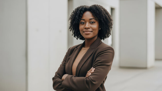 African american beautiful female businesswoman ceo woman with confident arm folded portrait at work black suit outdoor modern office building background