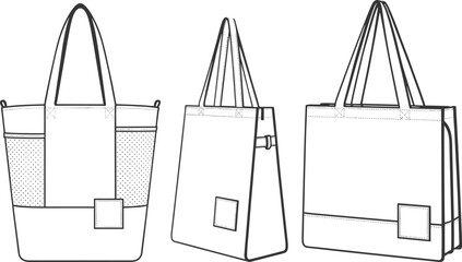 Large tote bag CAD drawing with front, side, and back views, handle and pocket details, fashion accessory technical schematic, cad drawing flat vector illustration