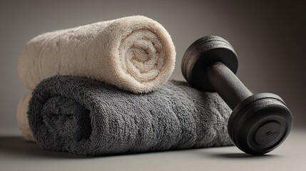 A stack of rolled towels and a pair of dumbbells are arranged on a gray surface, creating a minimalist and calming aesthetic.
