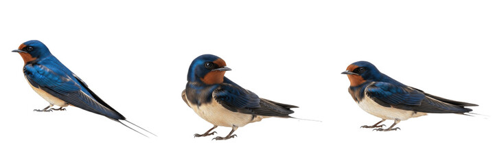 Set of barn swallows (Hirundo rustica) in different sitting and standing poses, isolated on white...