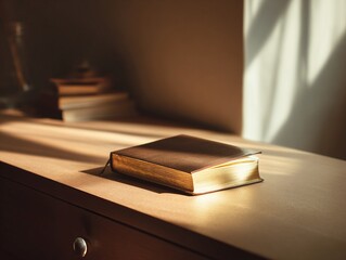 A weathered, leather-bound book rests on a wooden dresser, illuminated by a warm, golden light streaming through a window.