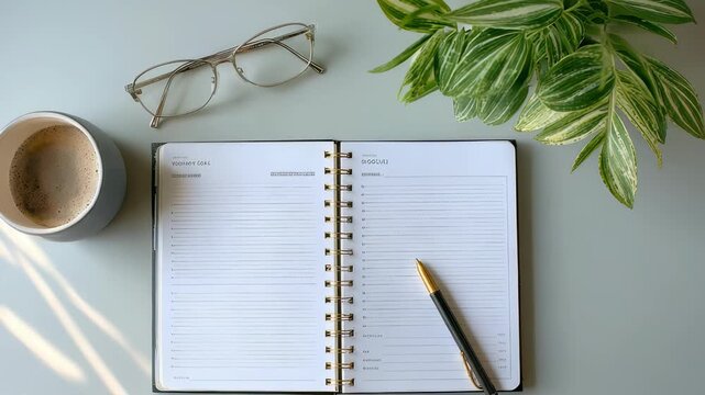Open planner with lined pages, gold pen, eyeglasses, coffee cup, and green plant on a light desk. Modern workspace setup for productivity and organization inspiration