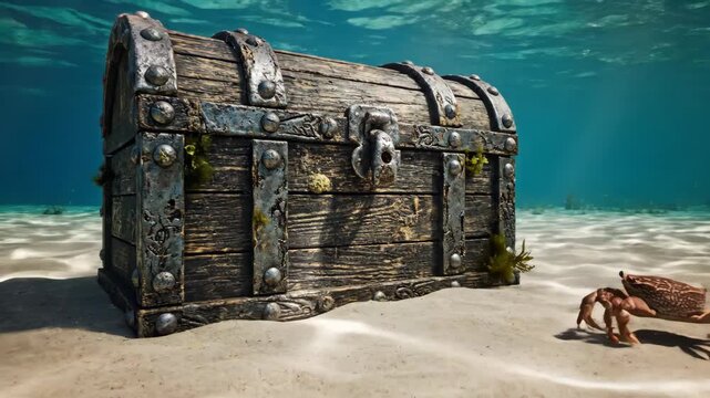 Sunlit Underwater Scene Featuring an Old Wooden Treasure Chest on Sandy Seabed with Seaweed a School of Fish and a Crab in a Blue Ocean Environment