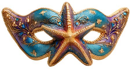 Turquoise carnival mask starfish gold ornate ocean theme festive costume party coastal whimsical joyful, isolated