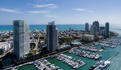 Miami pier with south pointe. Miami beach waterfront. Miami city panorama with skyscrapers. Miami Beach skyline.