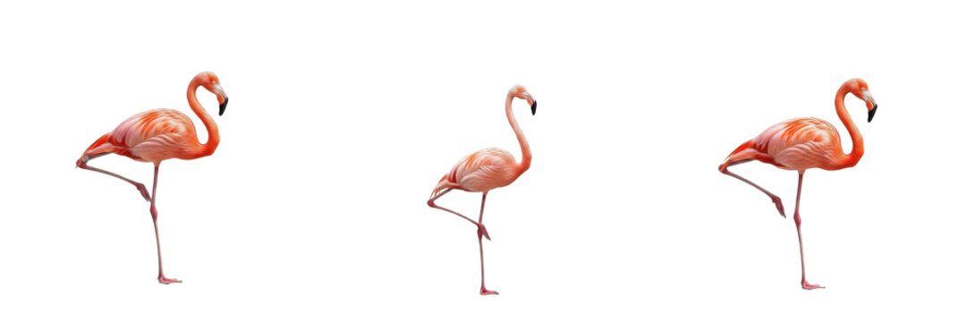 Collection of pink flamingos standing on one leg isolated on white background, tropical exotic bird