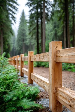 Wooden split rail fence lining a forest path