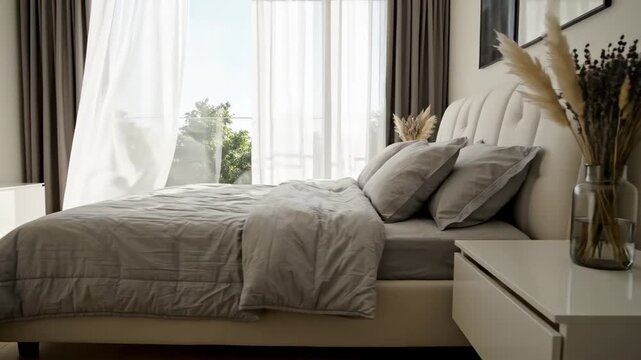 Modern Bedroom Interior with Gray Bedding Sheer Curtains and White Furniture in Bright Natural Light Emphasizing Clean Lines and Peaceful Atmosphere for Interior Design Concepts