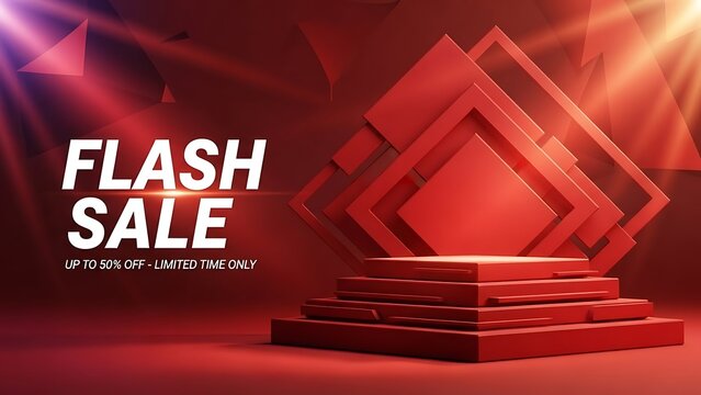 Flash sale up to 50% off with a prominent red podium and geometric background - Powered by Adobe