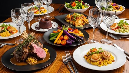 Luxury Fine Dining Feast with Rack of Lamb, Seared Scallops, and Gourmet Appetizers on Wooden Table