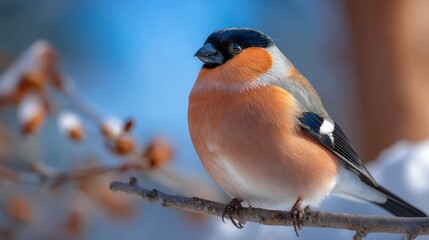 A small bird with a black beak and orange and black feathers sits on a branch