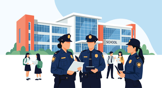Police officers on duty outside a modern school building, ensuring the safety and security of the students in the background.