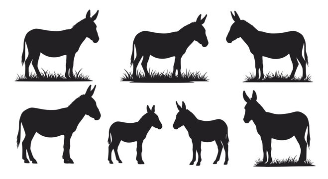 Set of seven black silhouettes of donkeys in various poses, including standing, walking, and resting on grass, on white background.