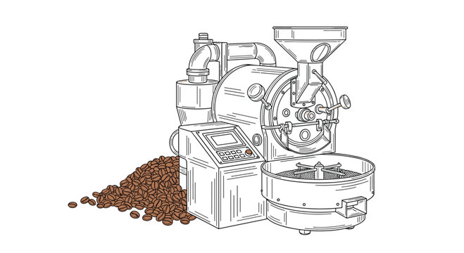 Detailed line art illustration of an industrial coffee roasting machine with a pile of fresh roasted coffee beans beside it.