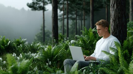 Man working on a laptop in a serene forest