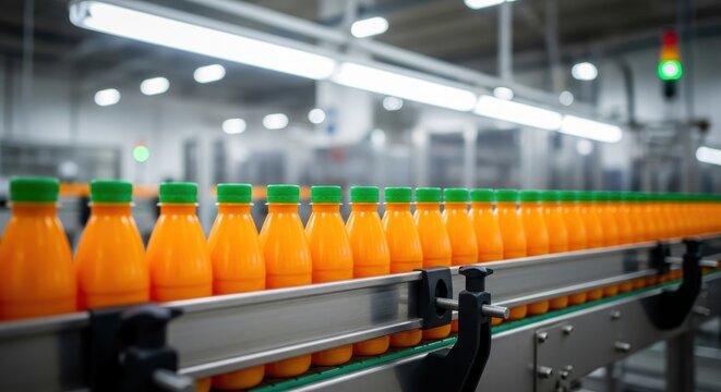 Row of Orange Juice Bottles Moving on an Automated Conveyor Line in a Factory Production Process
