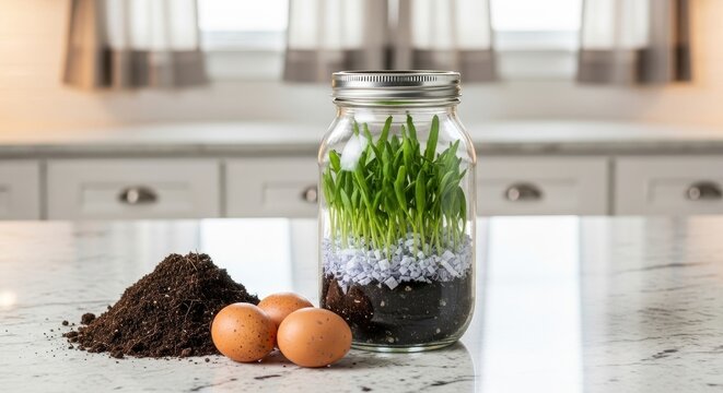A sprouting plant in a jar with eggs on a kitchen counter detail