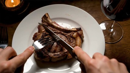A juicy ribeye steak beef being cut on a white plate with a knife and fork in a dimly lit dining setting