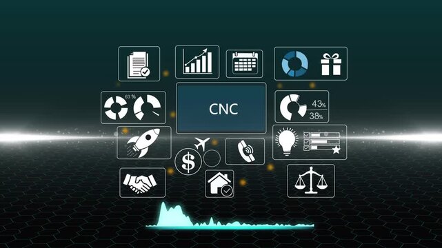CNC Computer Numerical Control business strategy infographic with icons and with gears Keywords: CNC, Computer Numerical Control, business, strategy