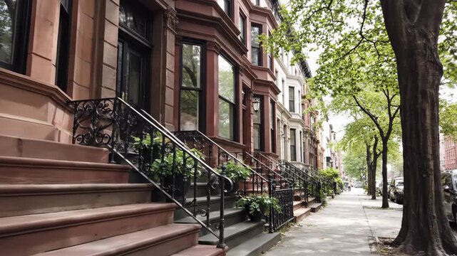 Classic Brownstone Architecture With Trees Lining City Street in Brooklyn New York on Sunny Day Showing Tranquil Urban Scene in the United States