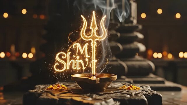 Lit diya with trishul emerging from smoke during Maha Shivaratri festival, symbolizing blessings