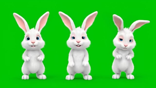Cute three white rabbits on green screen background, animated characters in cartoon style, ideal for children's content and Easter themes