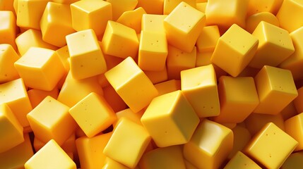 A large pile of bright yellow cheese cubes is arranged in a dense, textured pattern, creating a visually rich and appealing display.