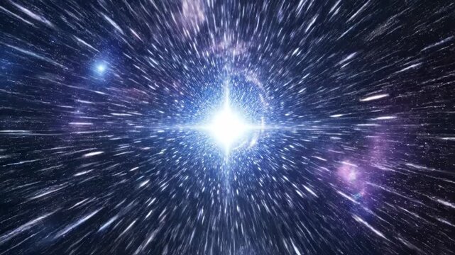 A bright white star shining in a dark blue space with white streaks radiating from it, creating a sense of movement and energy in the universe