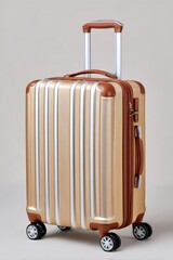 Gold striped hardshell luggage standing on wheels