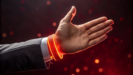 Hand with glowing red wristband reaching out against dark background