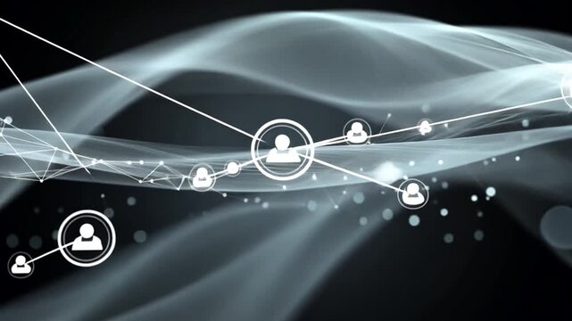 Digital network connections form waves with glowing nodes on a dark background with futuristic lines.