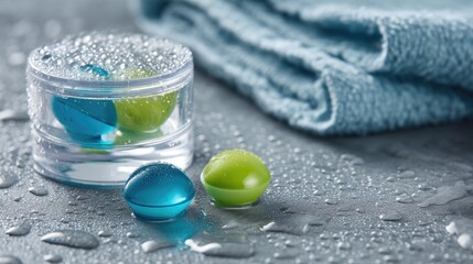 Colorful Laundry Pods in Water with Droplets on Surface and Towel Background for Cleaning and Fabric Care Themes