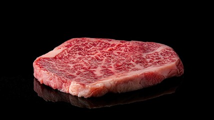 A single, raw cut of Wagyu beef with prominent marbling is presented on a black reflective surface, creating a dramatic visual effect.