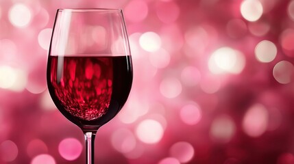 A glass of red wine is elegantly presented in a crystal glass against a blurred, pink bokeh background, creating a romantic and festive atmosphere.