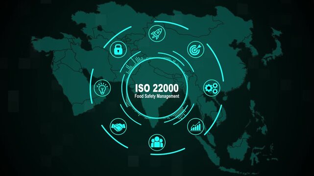 ISO 22000 Food Safety Management System Animation with Futuristic Circular HUD Interface, Global World Map Background, Food Supply Chain Icons and Safety Compliance Visualization