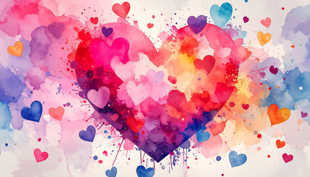 Abstract Watercolor Hearts Background with Vibrant Pink, Purple, and Blue Splashes