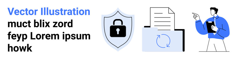 Obraz premium Cybersecurity, data storage, information systems, privacy protection, backups, secure sharing. A shield with a padlock, a file backup icon and a man pointing to data. Cybersecurity and data storage