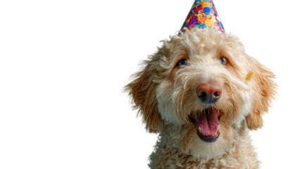 Happy Dog Wearing Birthday Hat Isolated on White Background
