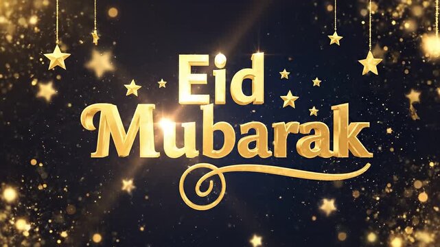 Eid mubarak celebration with gold text and stars on black background