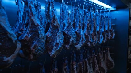 Ribeye steaks and beef carcasses hanging in a cold storage facility, viewed from the side