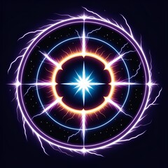 Fototapeta premium Stunning neon mandala with vibrant lightning strikes and cosmic starfield, perfect for modern designs, spiritual themes, and energy concepts