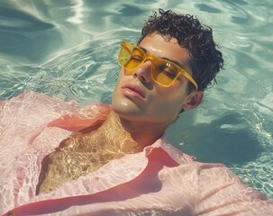 A fashion-forward man in apink shirt partially submeged in water, wearing yellw sunglasses and gazing ino the distance. Surreal edtorial shot blending elegace with serenity.