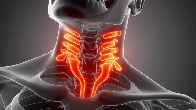 High-detail 3D medical illustration of the human cervical spine and neck anatomy with glowing red pain areas. Transparent skeletal view highlighting vertebrae, nerves, and musculoskeletal structures. 