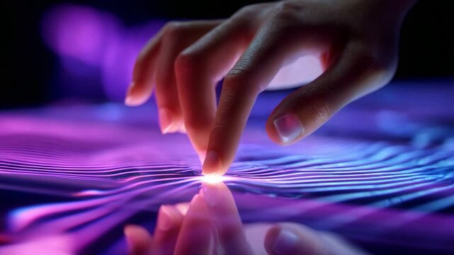 A mesmerizing close-up showcases a human hand delicately interacting with a vibrant surface that produces colorful light waves, exemplifying the fusion of technology and tactile responsiveness in