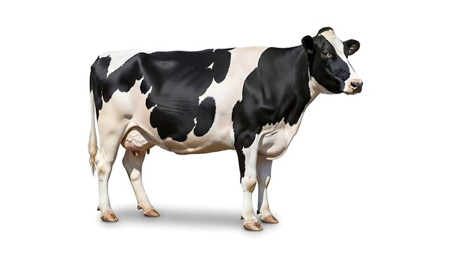 Majestic Holstein Friesian Dairy Cow Standing Isolated on Pure White Background, Detailed Full Body Profile View for Agricultural, Food, and Livestock Design Projects